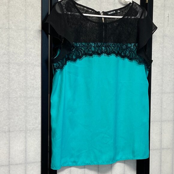 Allen B Allen Schwartz Sheer Lace Bodice Cap Sleeve Back Zip Top Turquoise Black - Picture 3 of 11